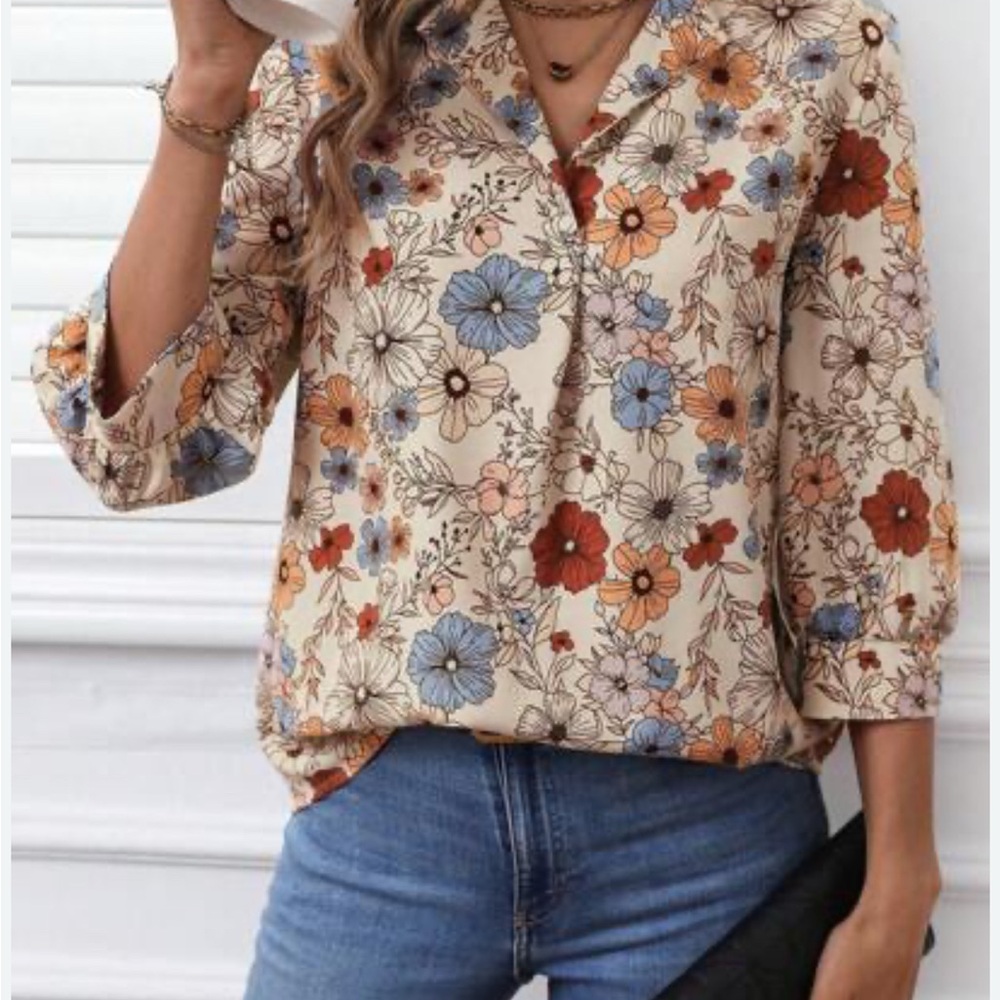 Floral Button-Down Blouse in Cream with Multicolor Blooms